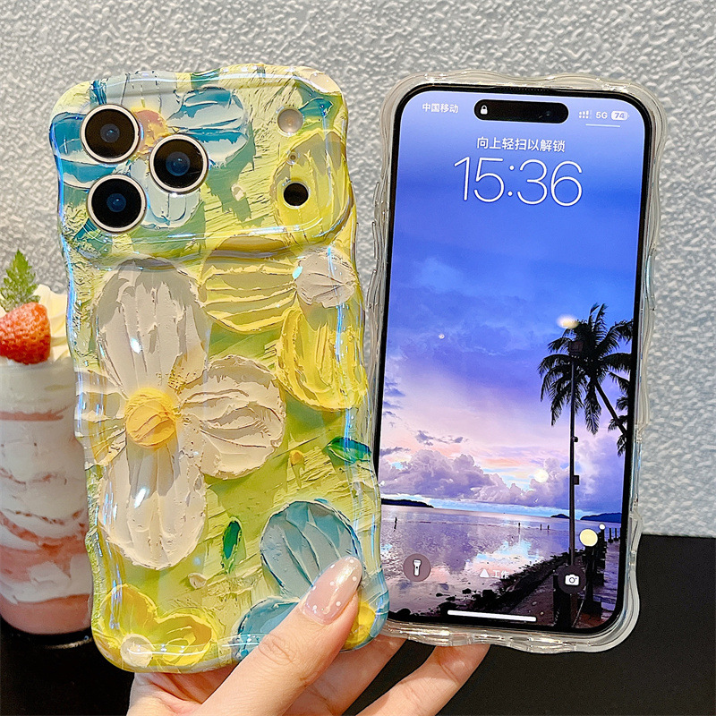 Apple Iphone 15 Pro Max - Moda Yağlı Boya Çiçekleri Dalgalı Telefon
